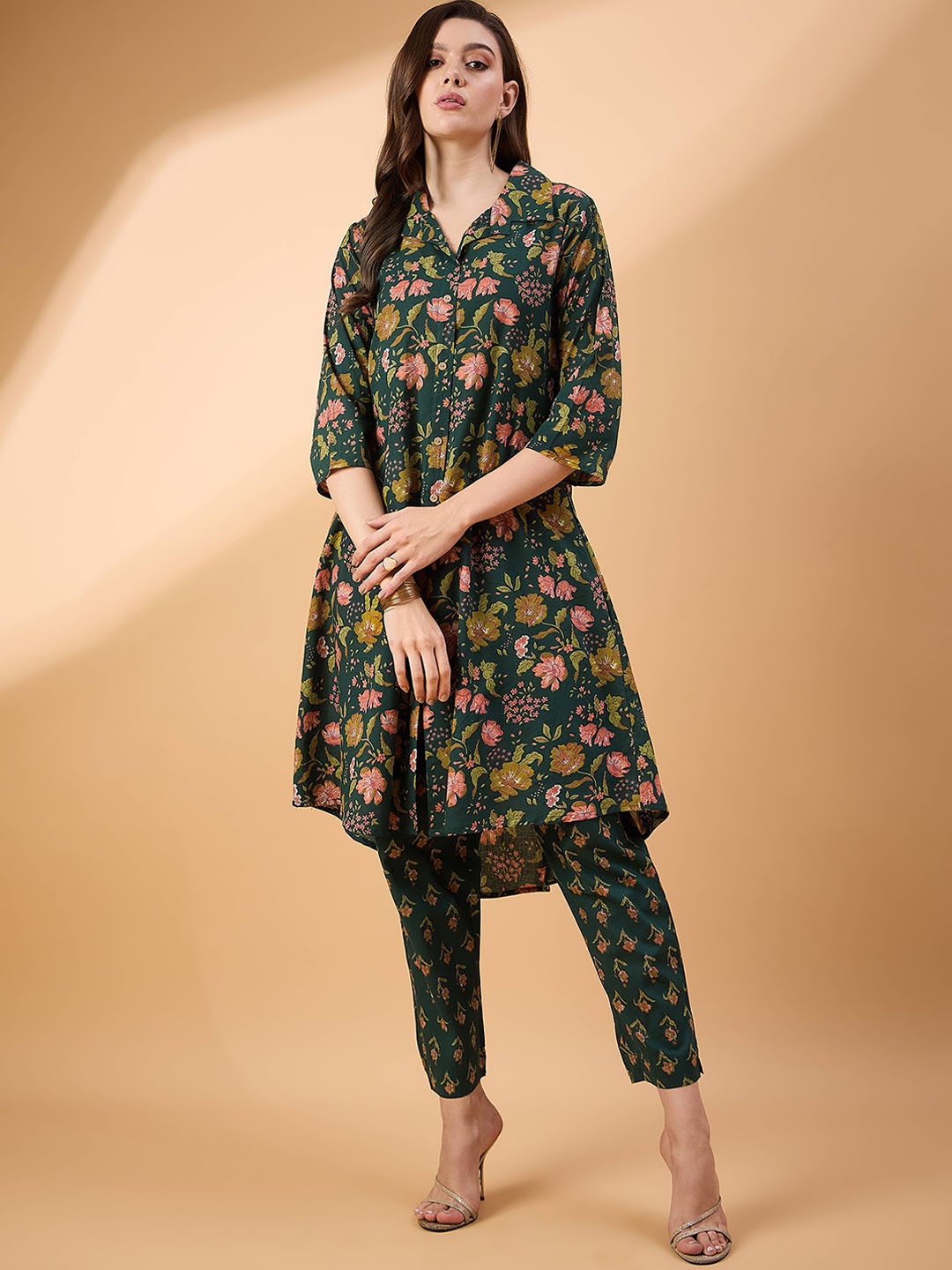 

BAESD Floral Printed Pure Cotton Tunic With Trouser, Green