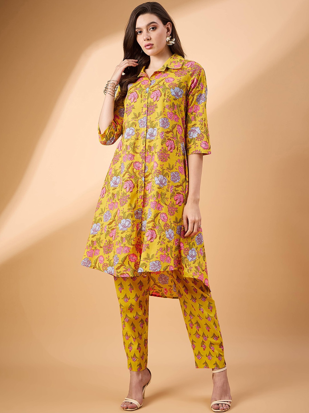 

BAESD Floral Printed Shirt Collar Pure Cotton Tunic With Trouser, Yellow