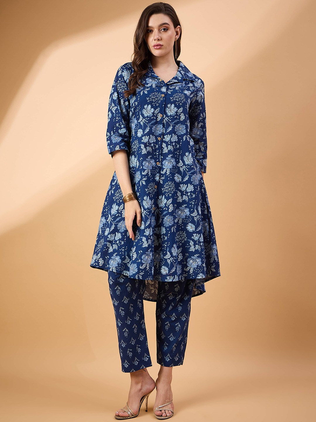 

BAESD Floral Printed Shirt Collar Pure Cotton Tunic With Trouser, Navy blue