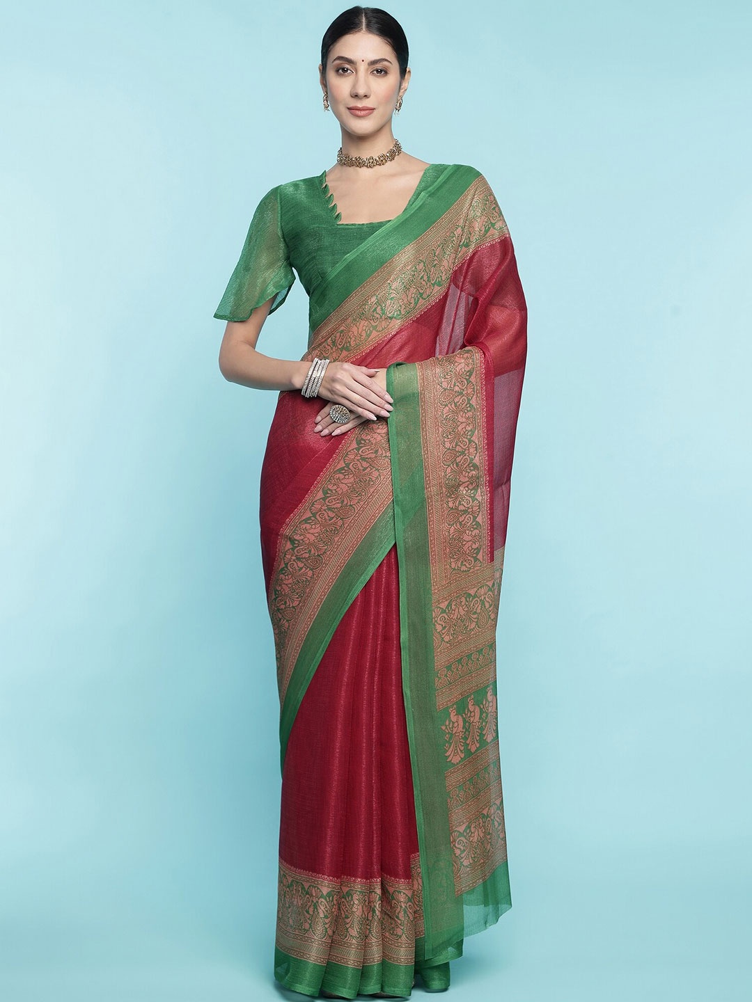 

Rekha Maniyar Ethnic Motifs Zari Pure Cotton Saree, Maroon