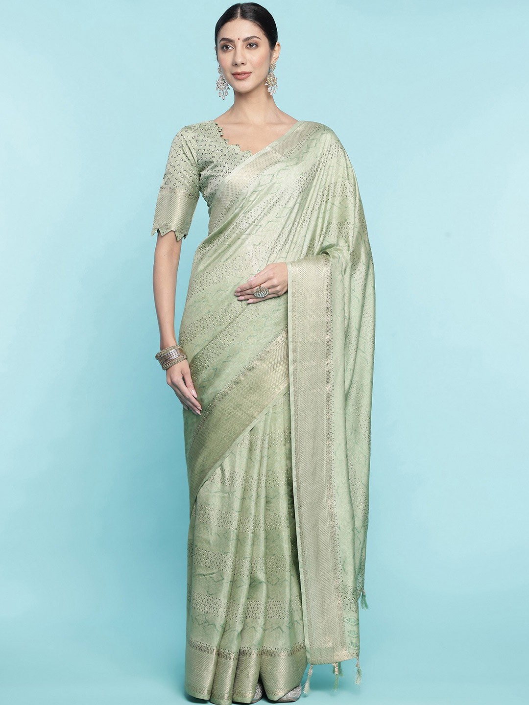 

Mitera Embellished Sequinned Woven Design Saree, Green