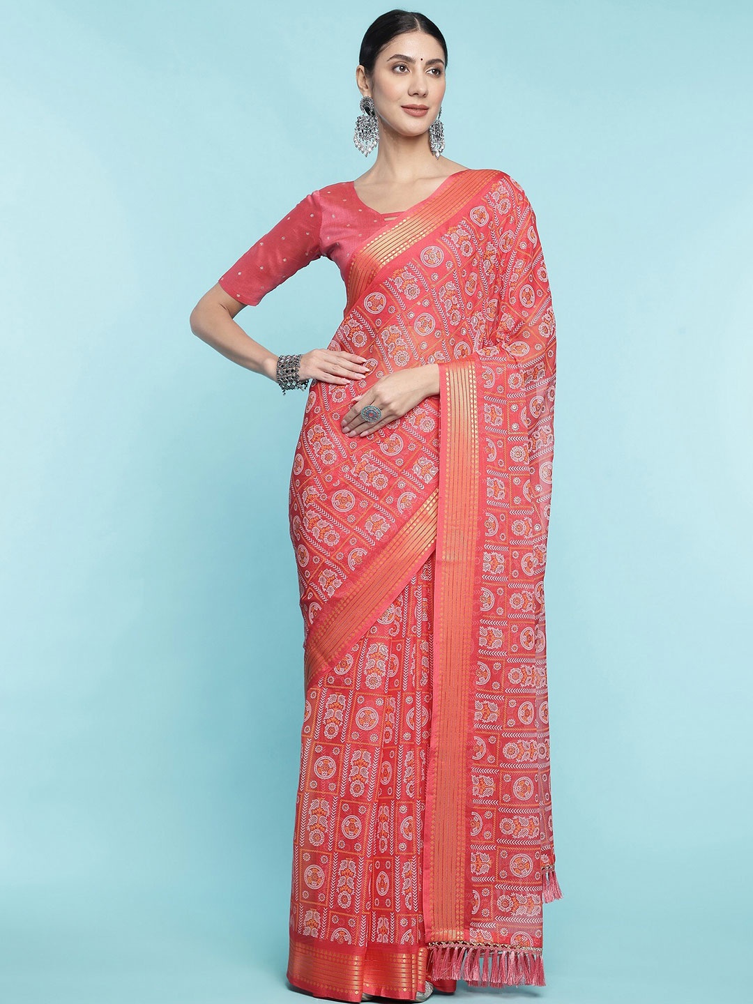 Mitera Peach Floral Zari Pure Cotton Saree