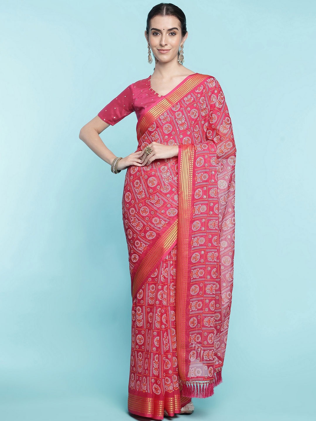 

Mitera Pink Floral Printed Pure Cotton Saree