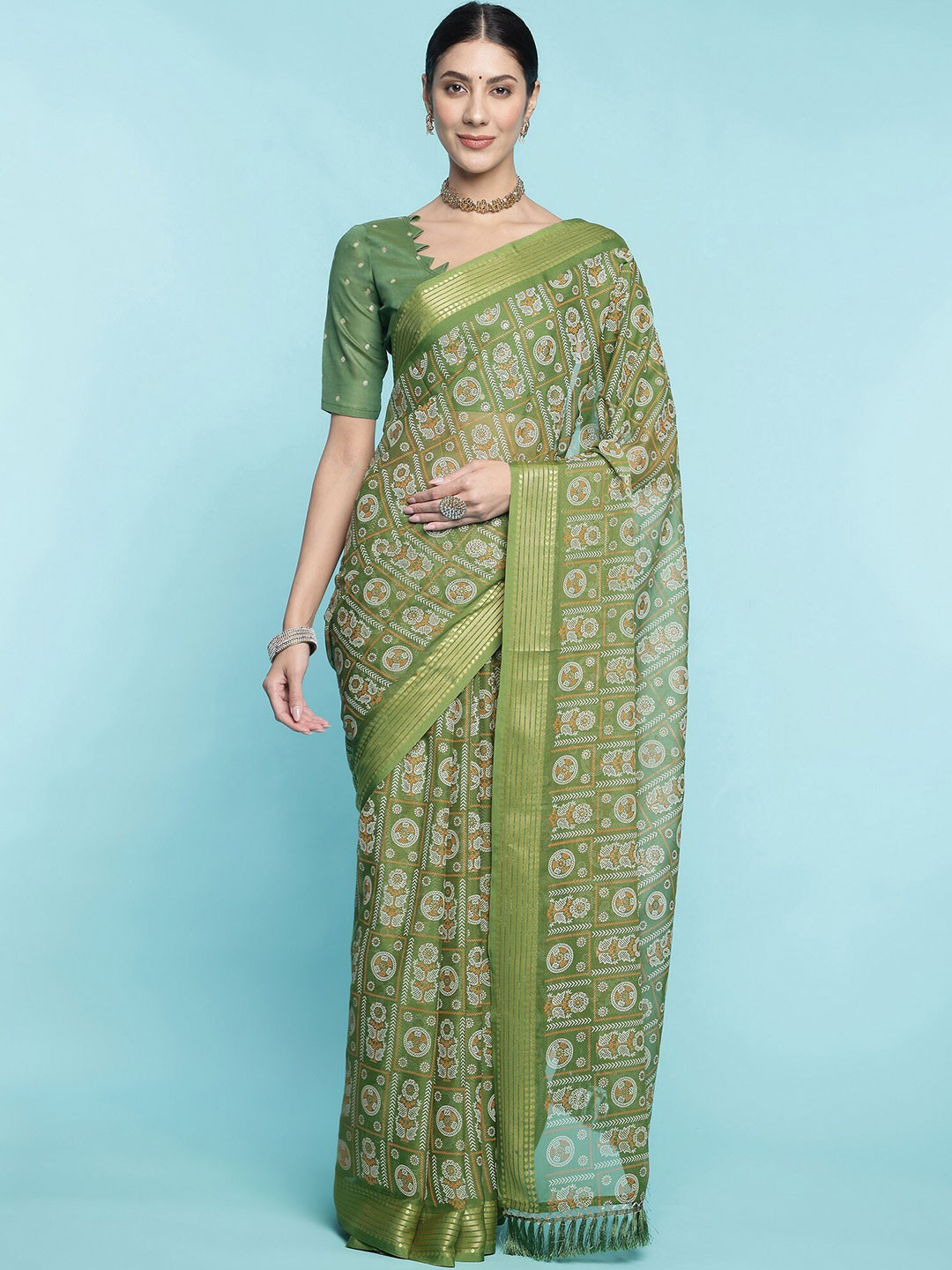 

Mitera Green Ethnic Motifs Printed Zari Pure Cotton Saree
