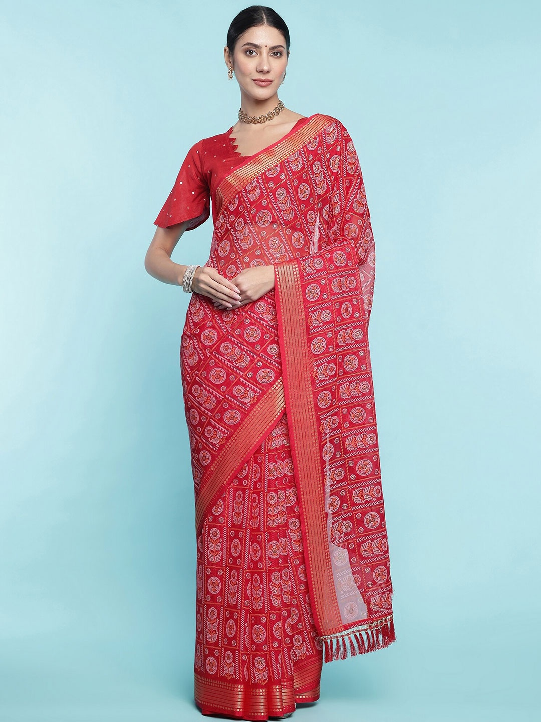 Mitera Red Floral Printed Pure Cotton Saree