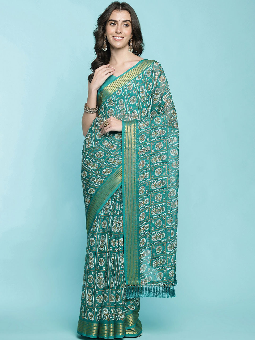 

Mitera Teal Green Floral Printed Zari Pure Cotton Saree