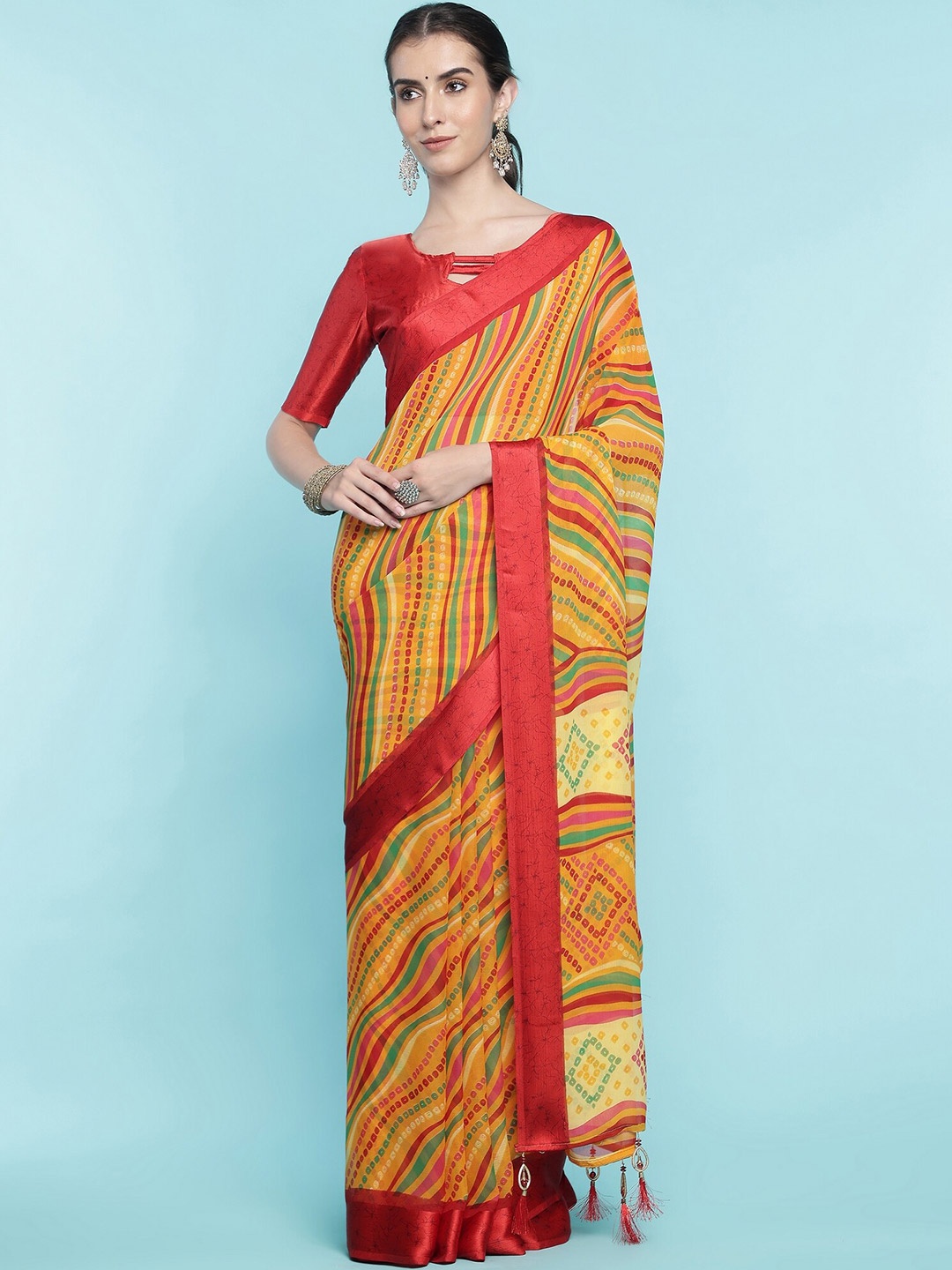 Mitera Yellow Striped Silk & Chiffon Saree