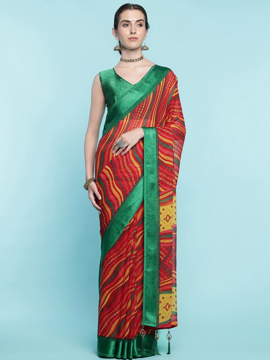 

Mitera Red Striped Silk & Chiffon Saree