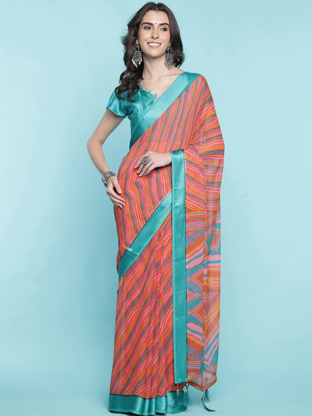 Mitera Peach Coloured Leheriya Printed Pure Cotton Saree