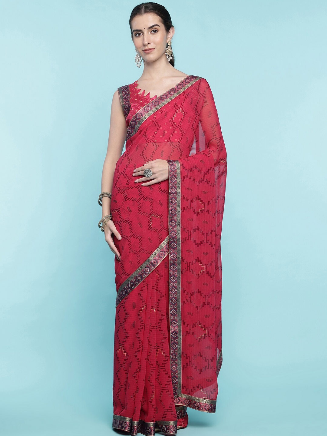 

Mitera Geometric Printed Woven Design Pure Georgette Saree, Pink