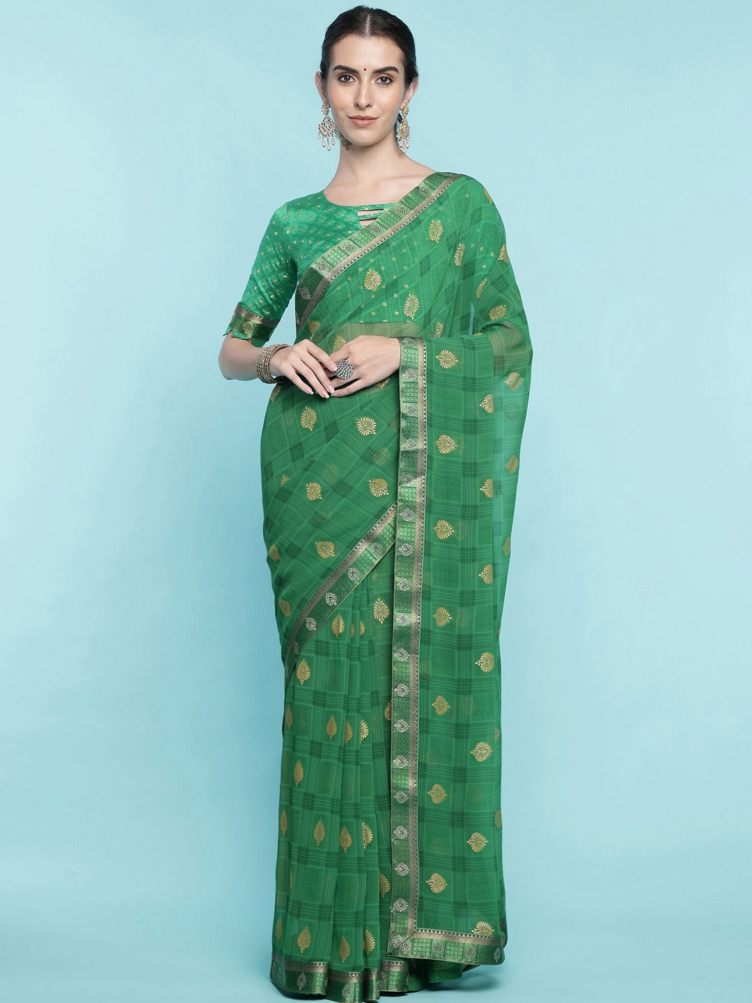 

Mitera Green Ethnic Motifs Printed Zari Pure Georgette Saree