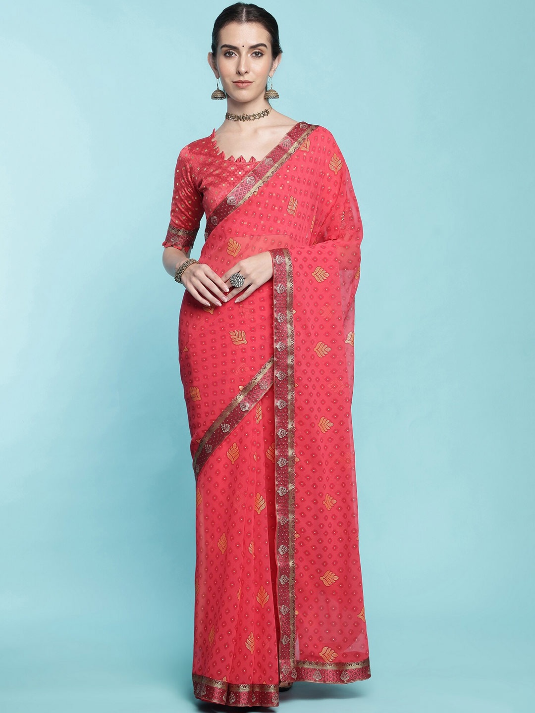 

Mitera Peach Coloured Floral Printed Zari Pure Georgette Saree