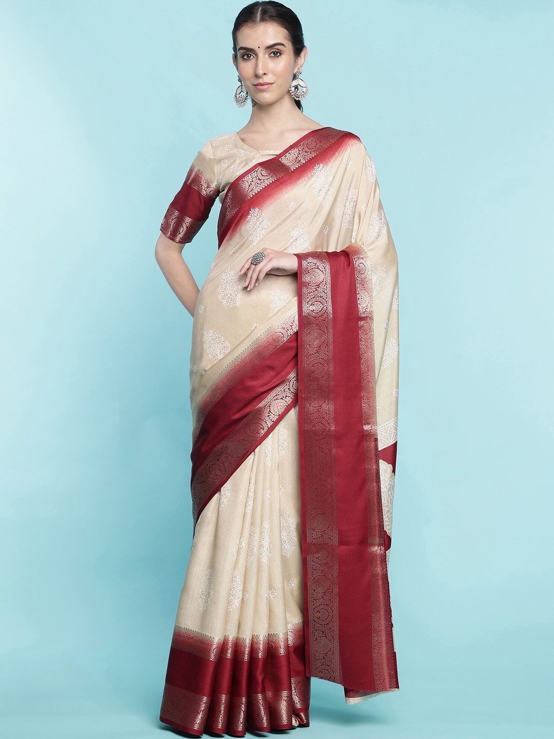 

Mitera Floral Woven Design Zari Art Silk Saree, White