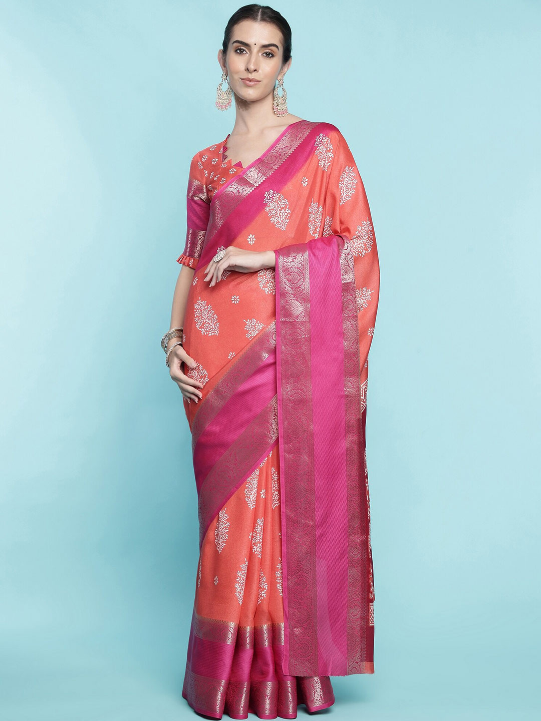 

Mitera Orange Floral Printed Saree