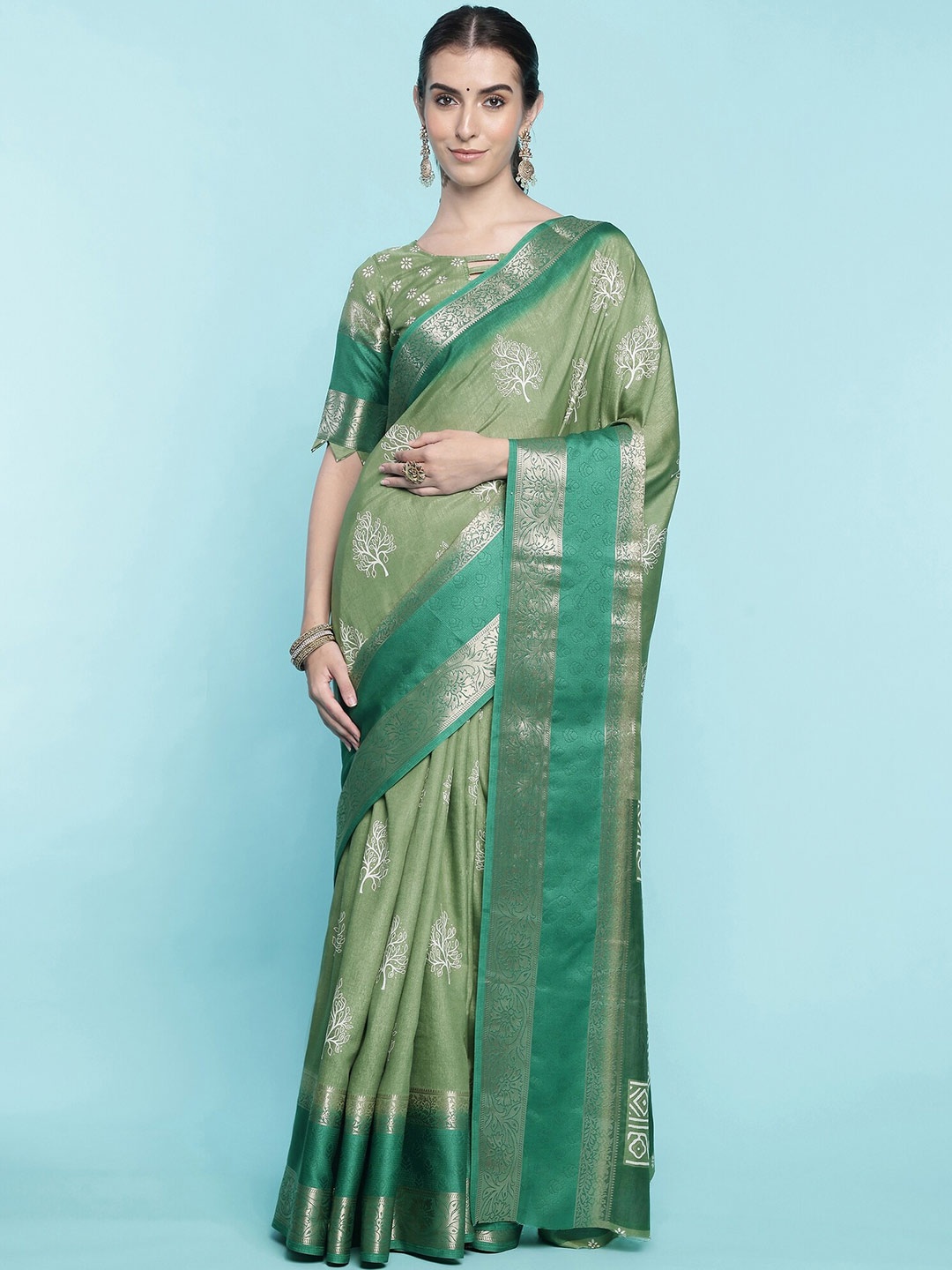 

Mitera Green Floral Printed Zari Saree