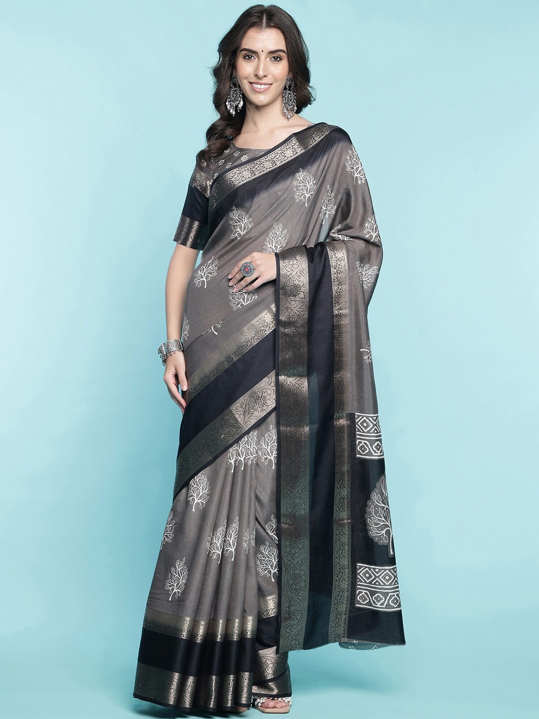 Mitera Blue Floral Printed Zari Saree