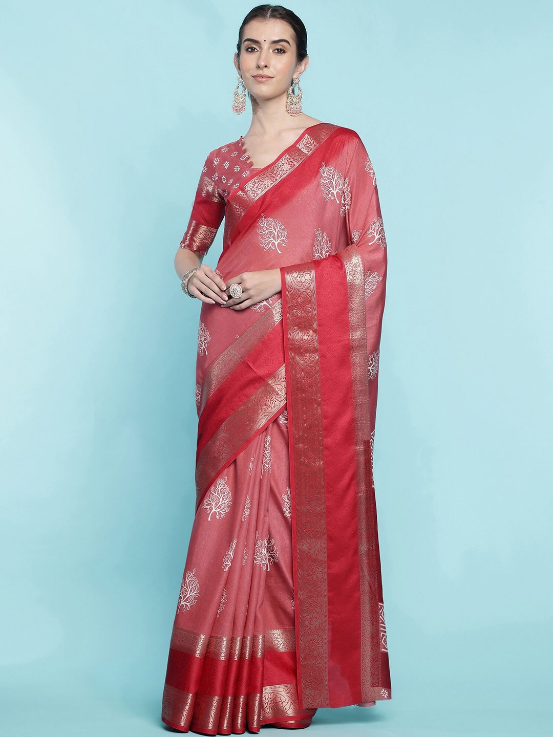 Mitera Red Floral Printed Zari Saree