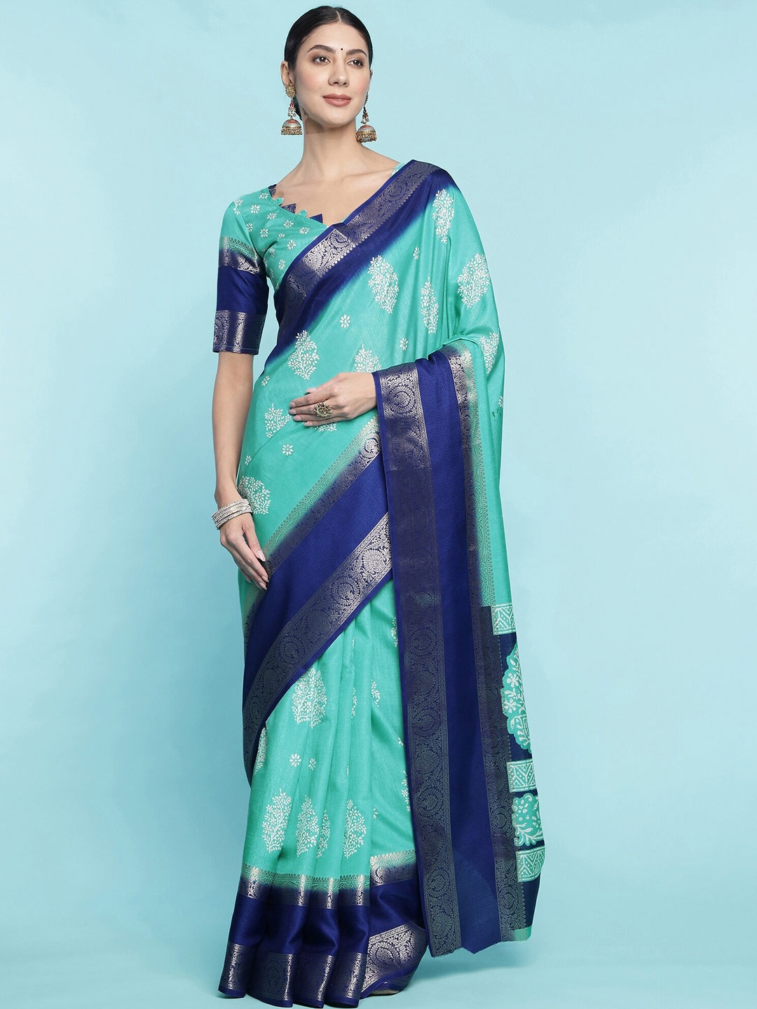 Mitera Sea Green Floral Printed Zari Saree