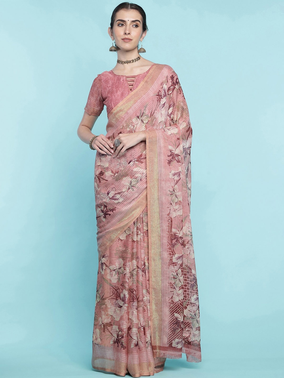 

Mitera Peach Coloured Floral Printed Zari Pure Georgette Saree