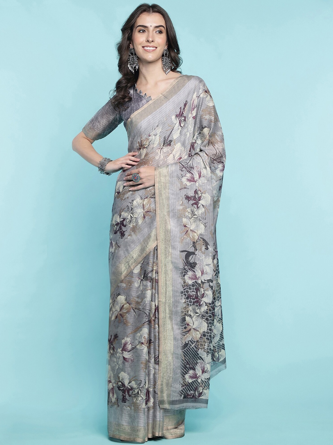 

Mitera Floral Printed Pure Georgette Saree, Grey