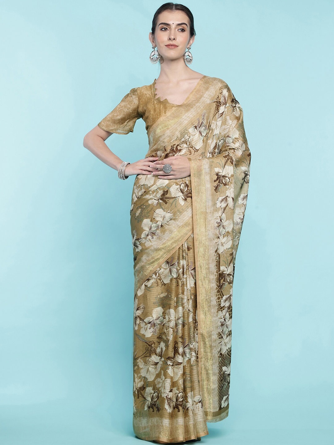 

Mitera Yellow Floral Printed Zari Pure Georgette Saree