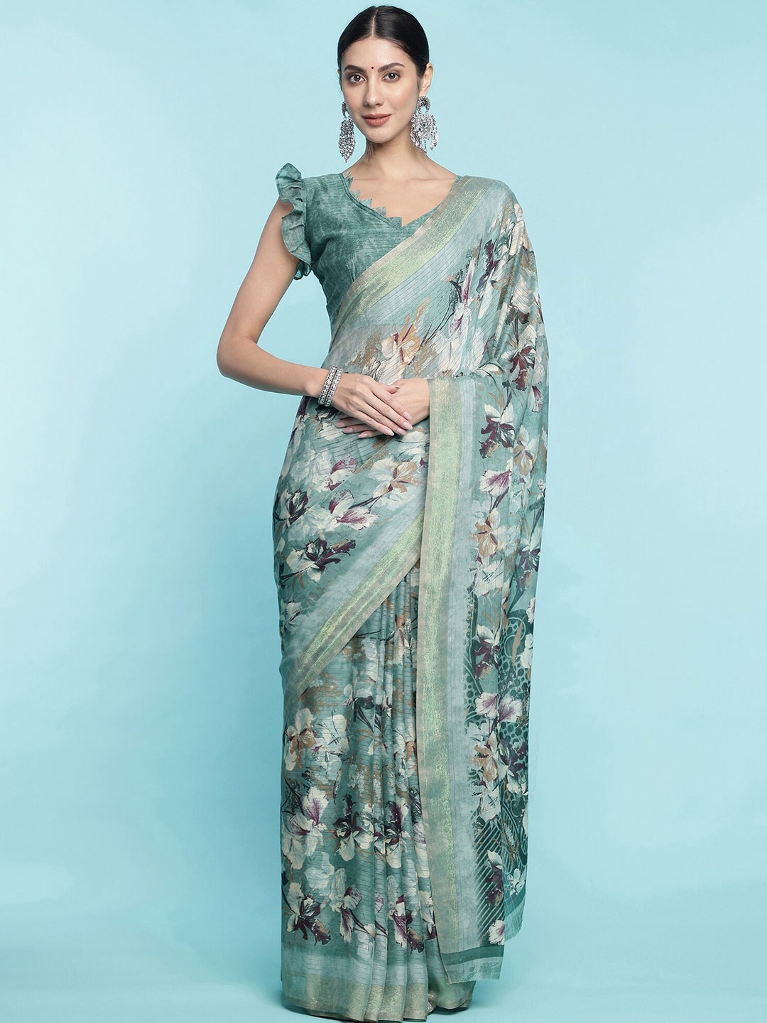 

Mitera Teal Green Floral Printed Zari Pure Georgette Saree