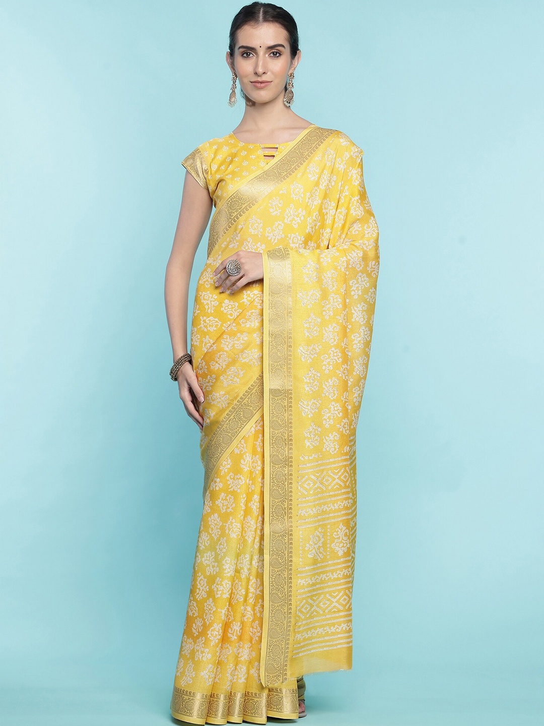 

Mitera Yellow Floral Printed Saree