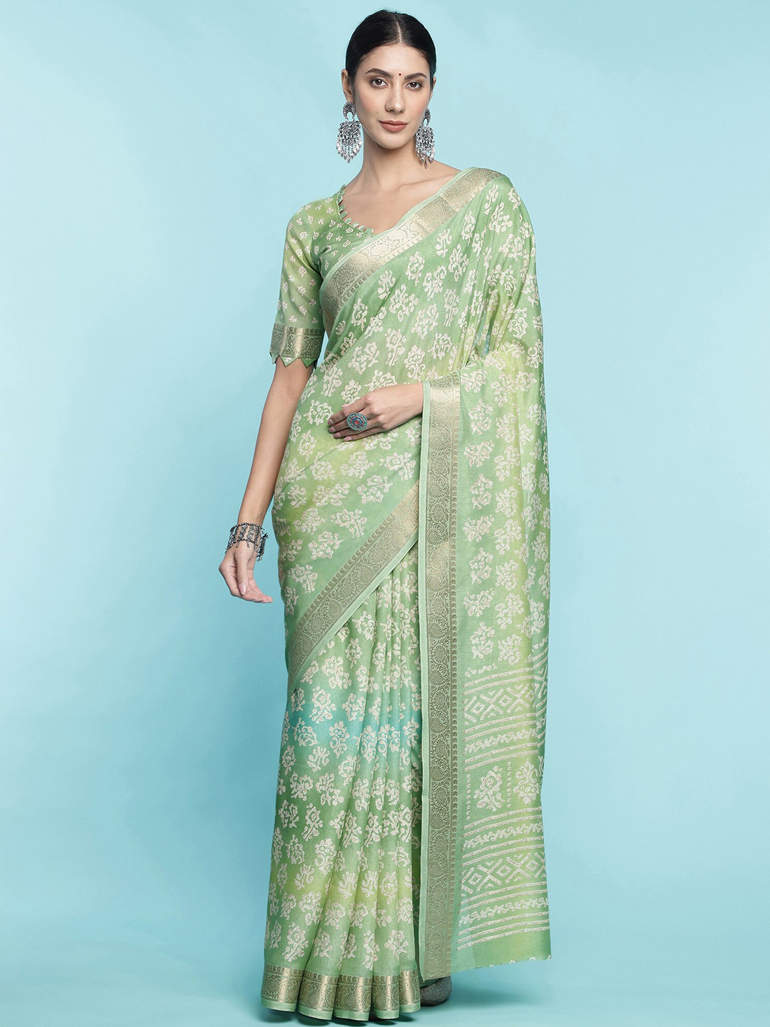 

Mitera Green Floral Printed Zari Saree