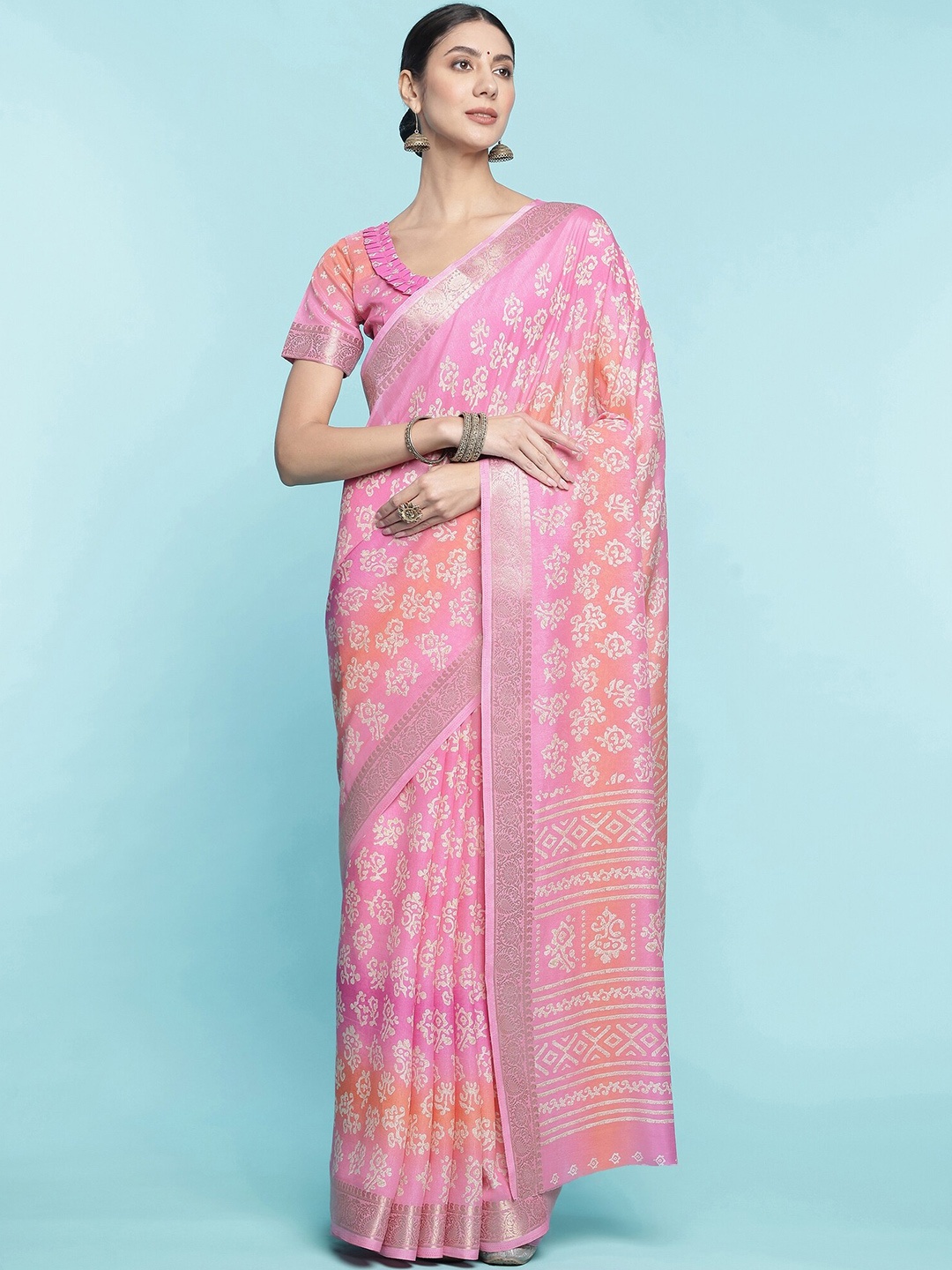 

Mitera Pink Floral Printed Zari Saree