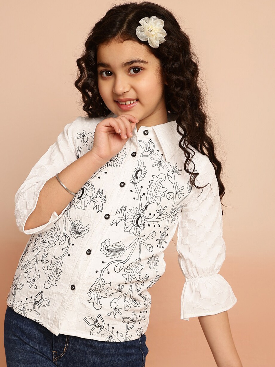 

BAESD Girls Floral Embroidered Bell Sleeves Shirt Style Top, White