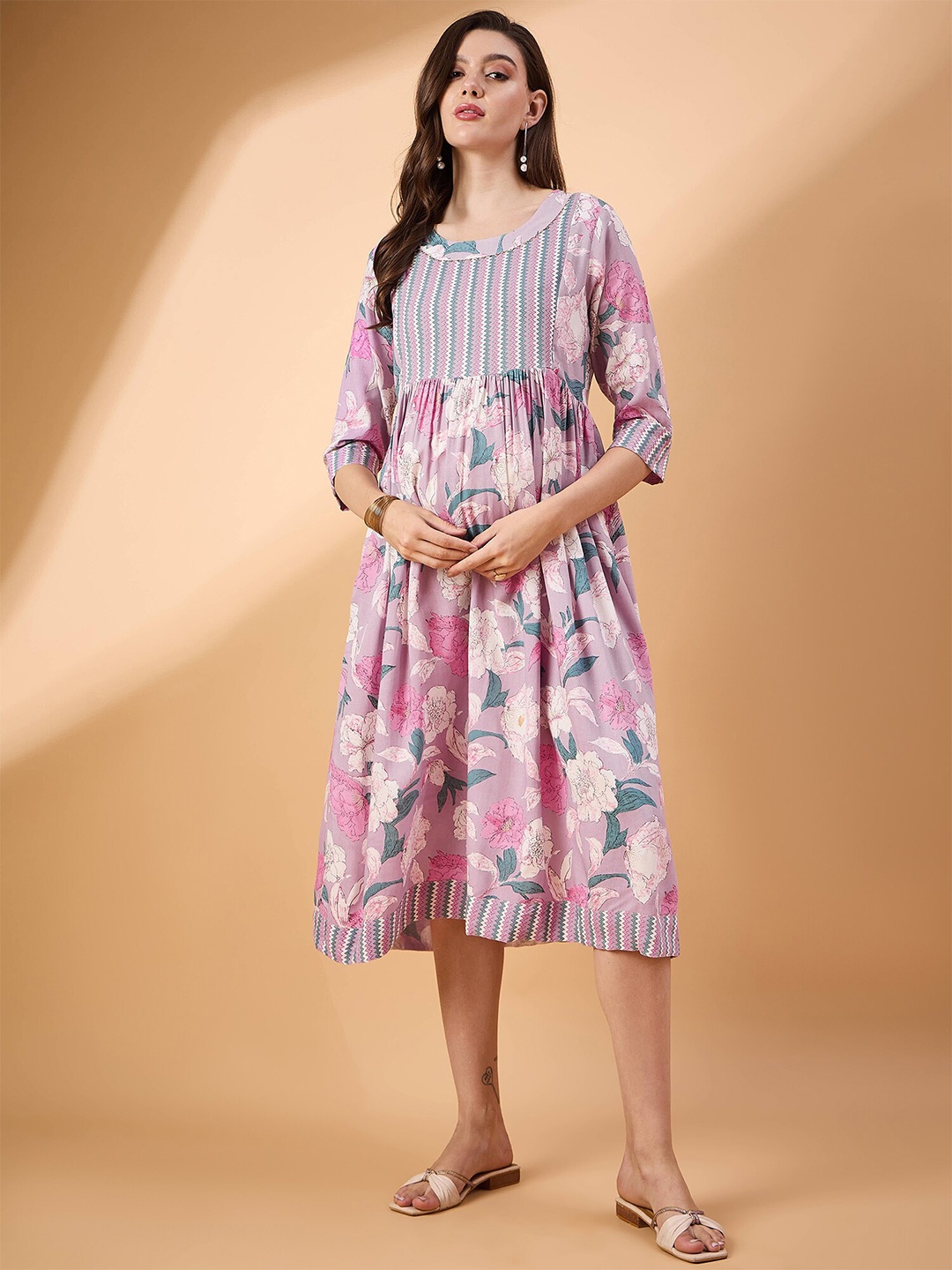 

BAESD Floral Printed Maternity Flared Empire Round Neck Cotton Midi Dress, Pink