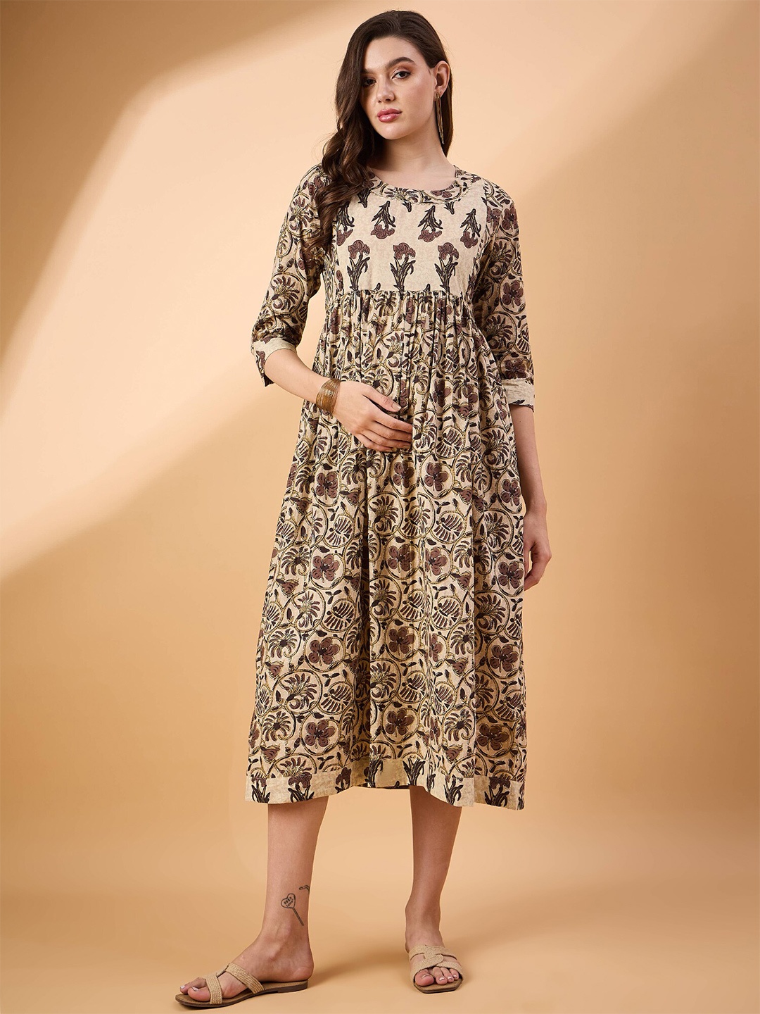 

BAESD Ethnic Motifs Printed Maternity Empire Cotton Flared Midi Dress, Beige