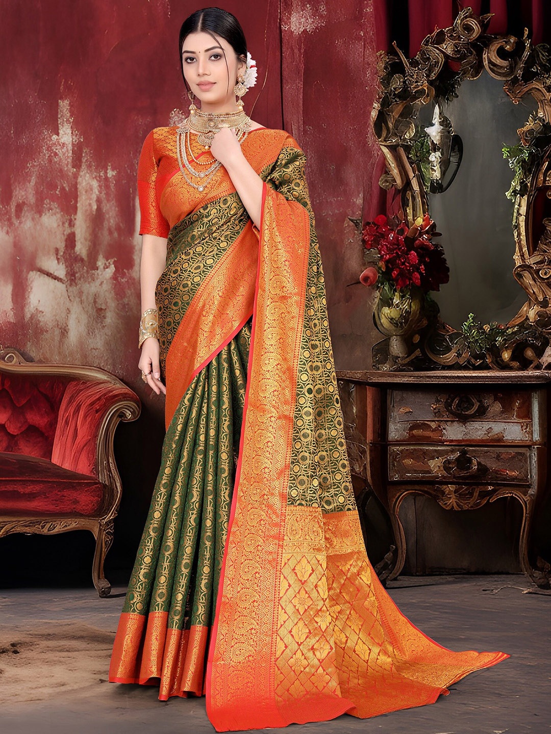 

JAY FASHION Ethnic Motifs Woven Design Zari Silk Blend Banarasi Saree, Green