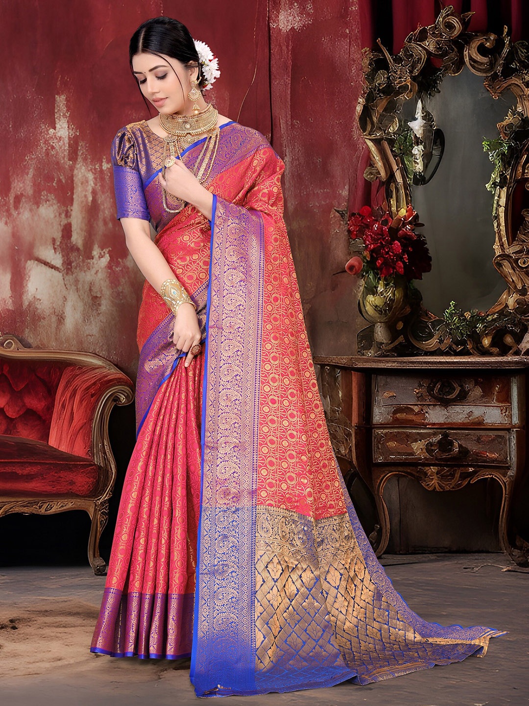 

JAY FASHION Floral Woven Design Zari Silk Blend Banarasi Saree, Red