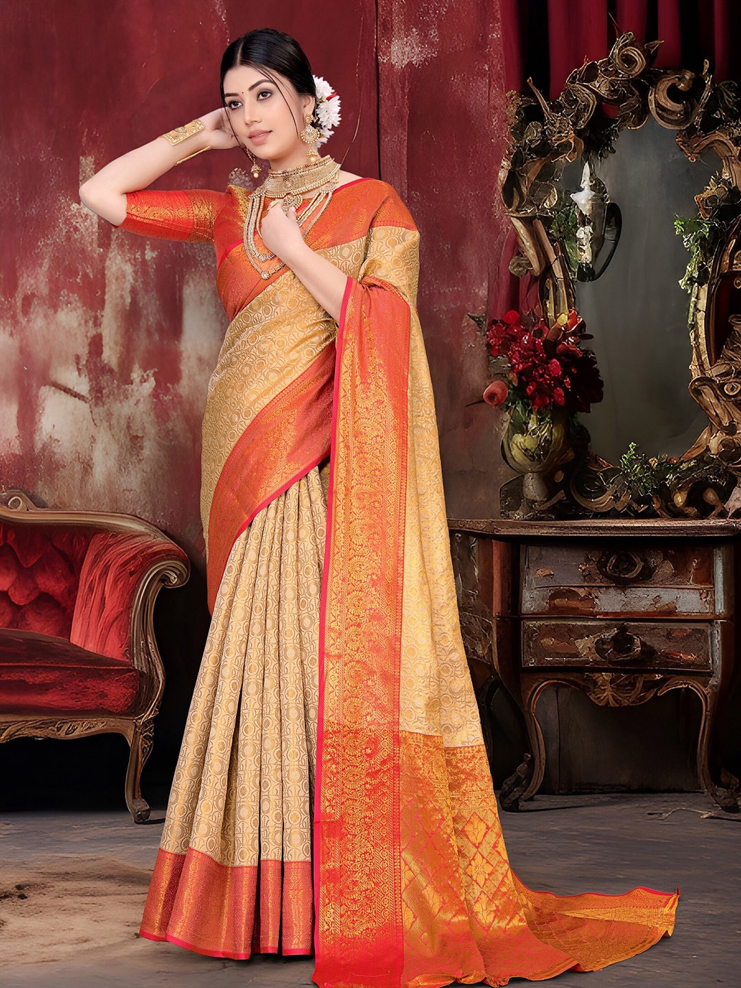

JAY FASHION Floral Woven Design Zari Banarasi Saree, Cream