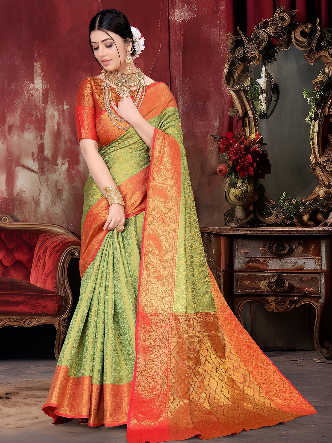 

JAY FASHION Floral Woven Design Zari Silk Blend Banarasi Saree, Green