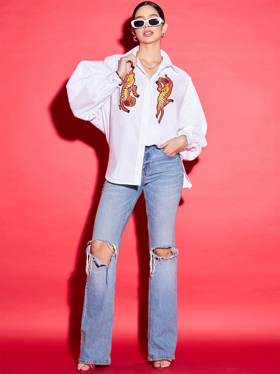 

Uptownie Cotton Sequinned Shirt, White