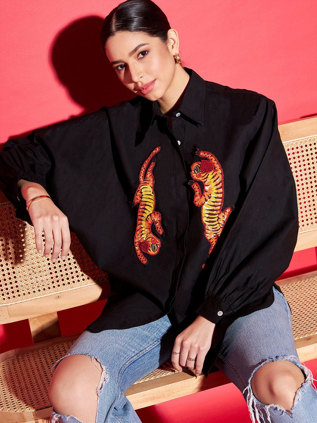 

Uptownie Cotton Sequinned Shirt, Black