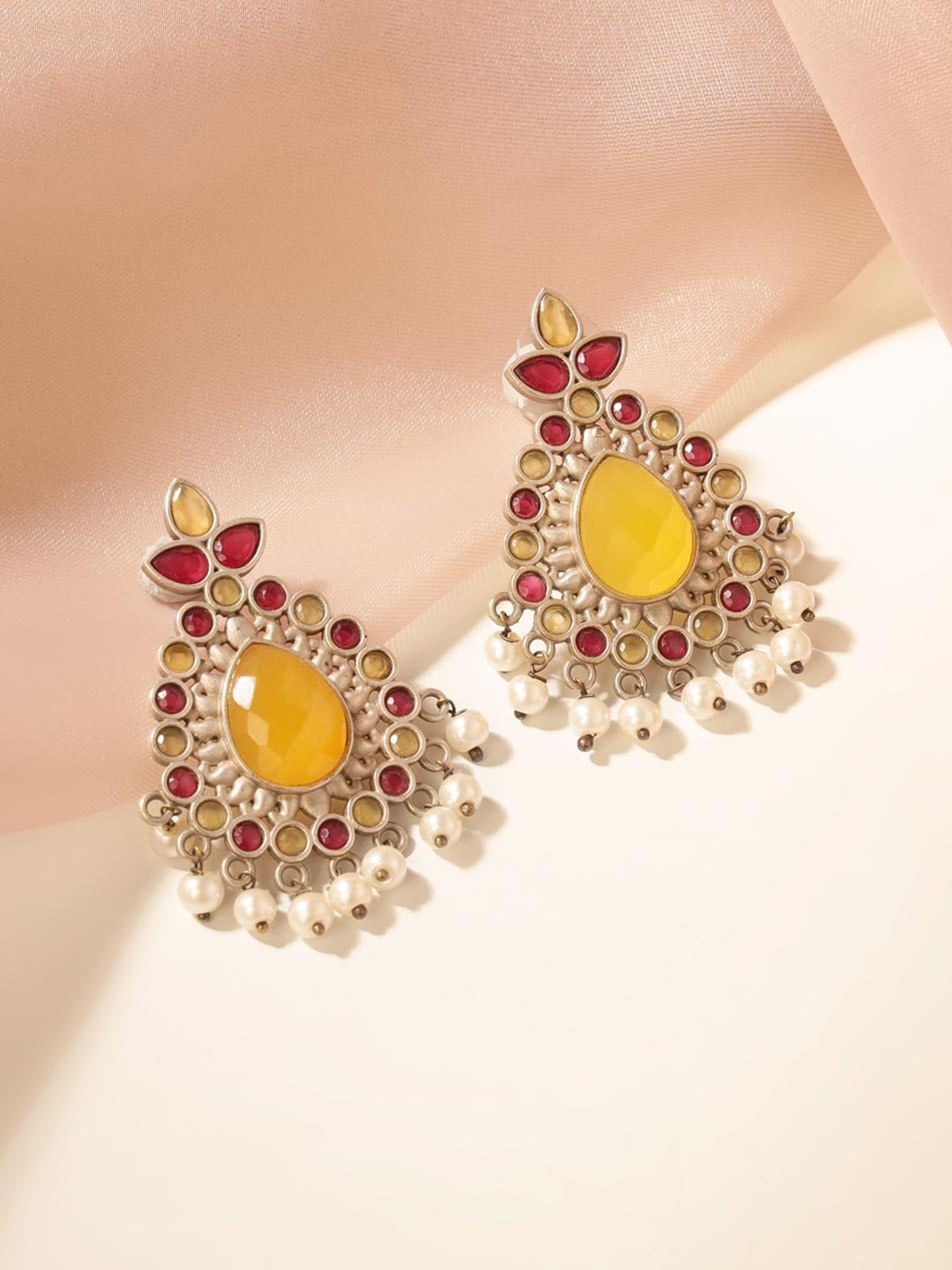 

Fabindia Stones Studded & Beads Beaded Contemporary Drop Earrings, Silver