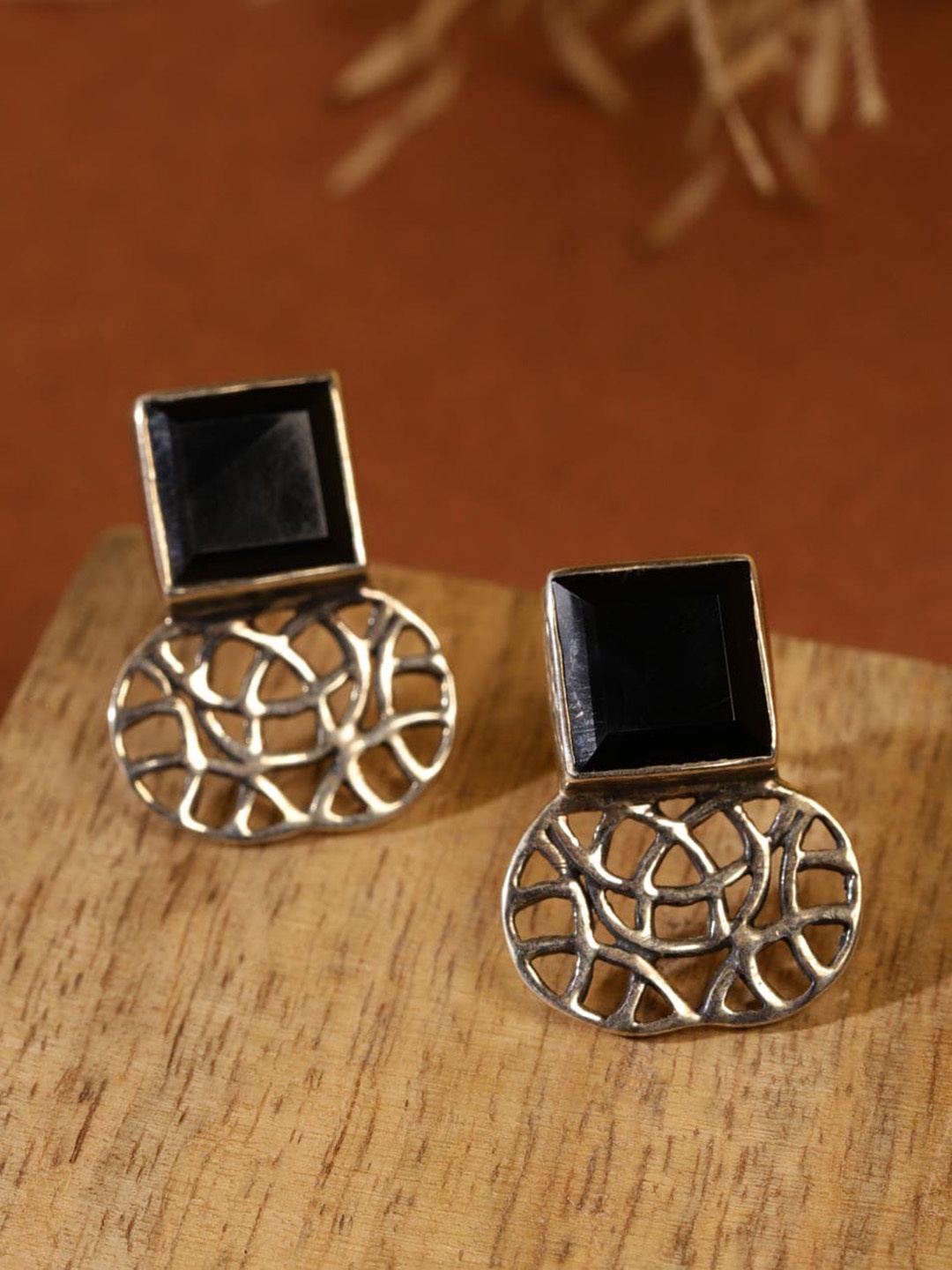 

Fabindia Silver Artificial Stones Studded Geometric Drop Earrings