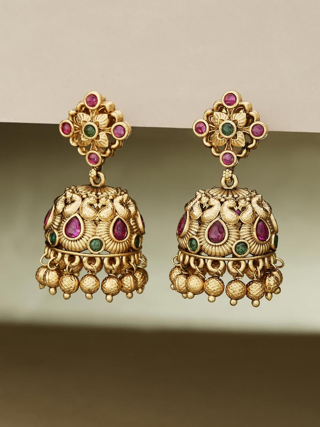 

Fabindia Silver Stones Studded & Beaded Contemporary Jhumkas, Gold