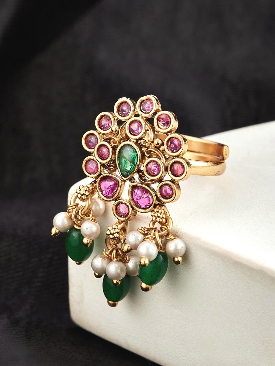 

Fabindia Stone Studded & Beaded Adjustable Finger Ring, Gold