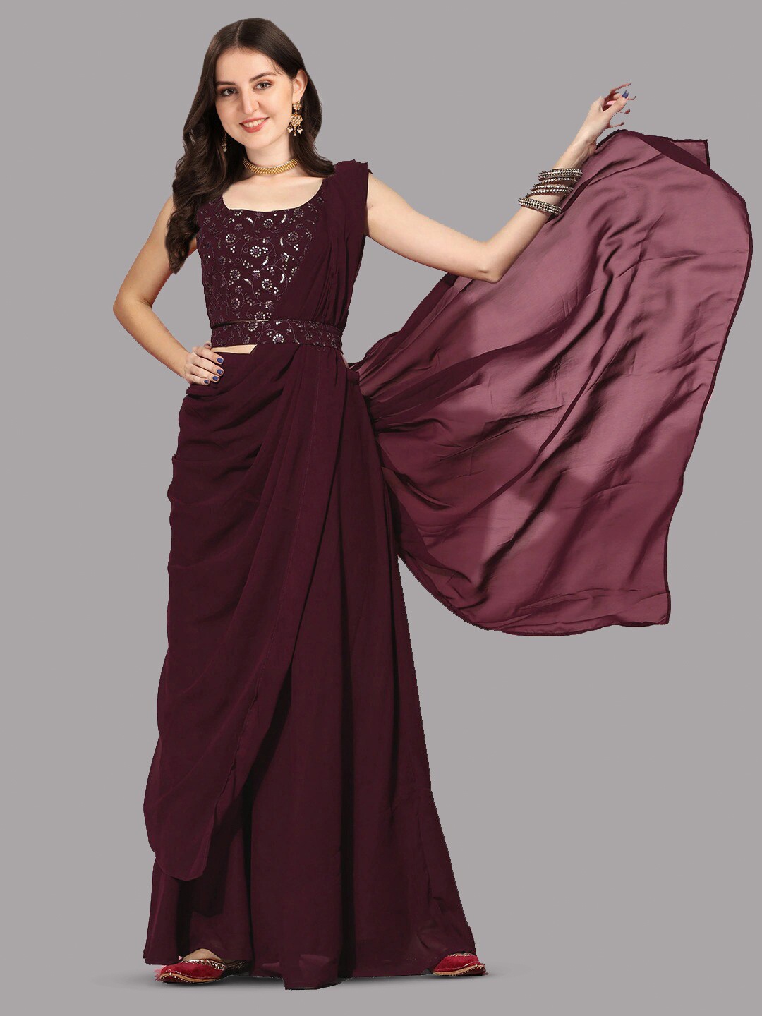 

Fashionuma Embellished Sleeveless Ready to Wear Lehenga Set With Dupatta, Maroon