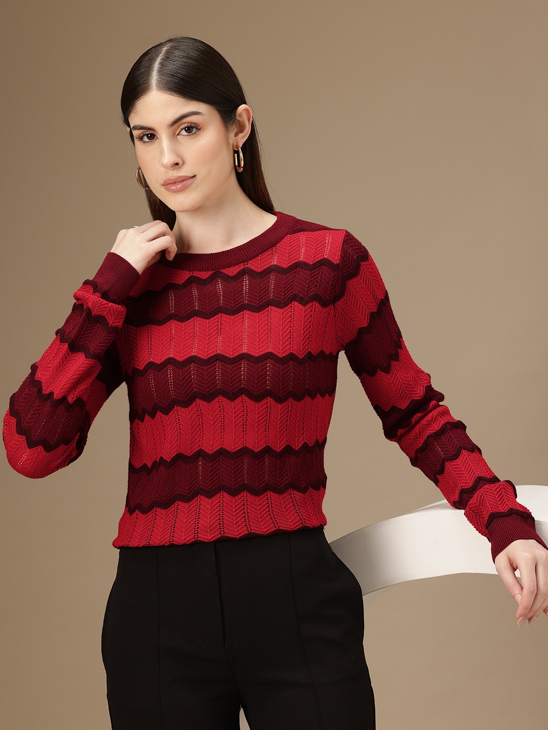 

Chemistry Chevron Striped Open Knit Pullover, Red