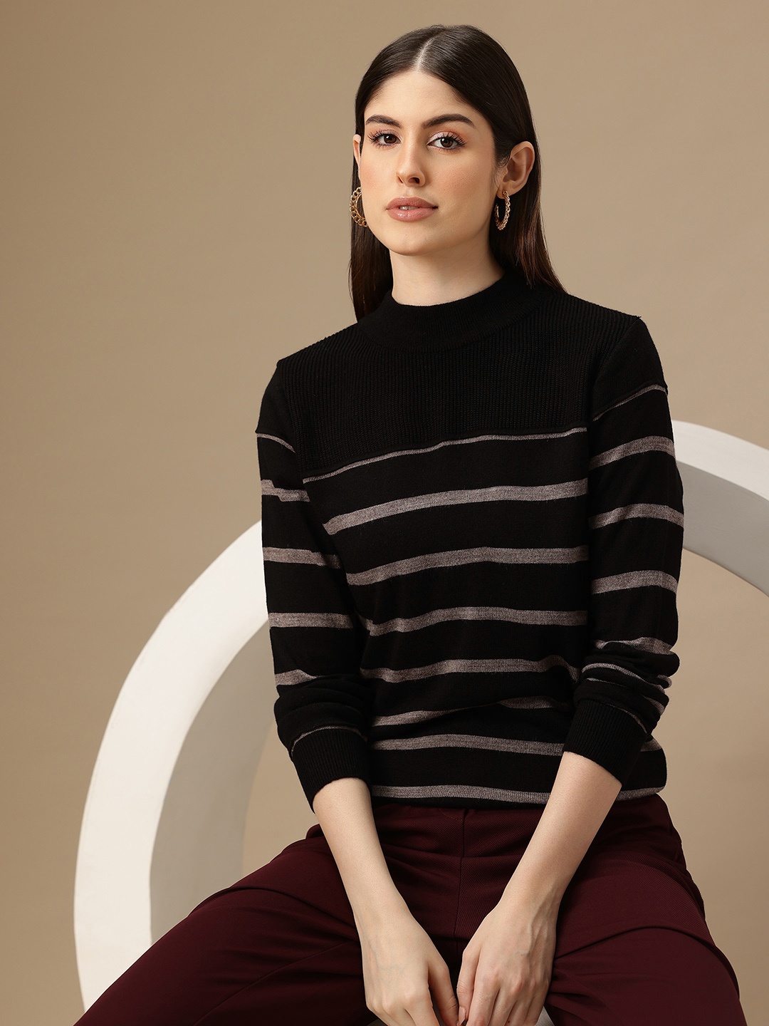 

Chemistry Striped High Neck Acrylic Pullover, Black