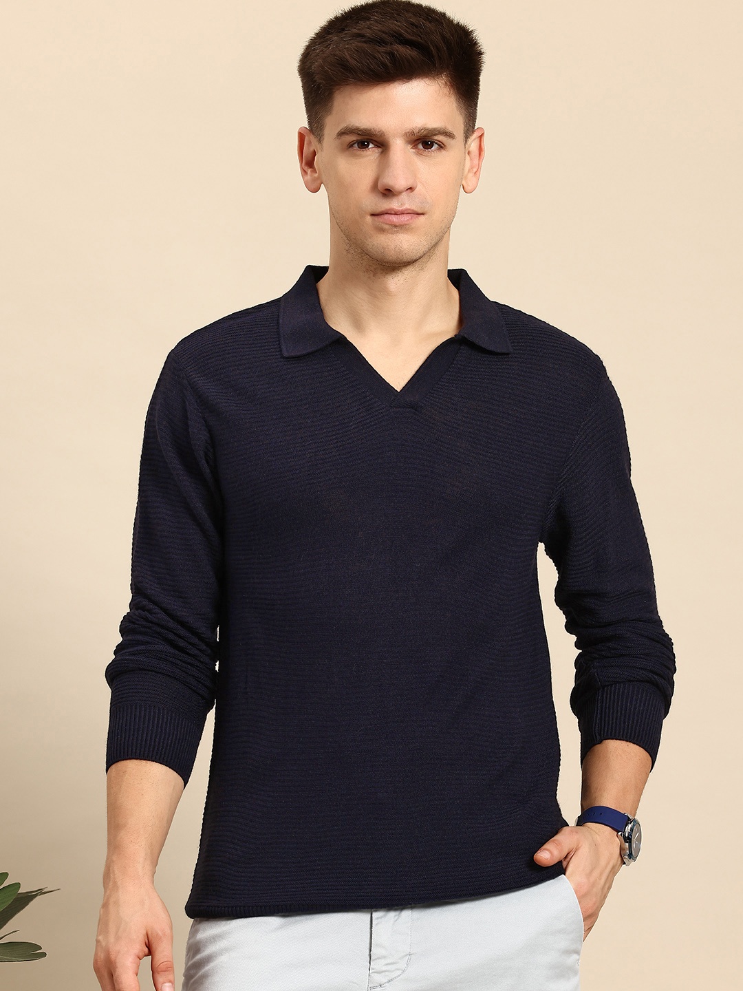 

Mast & Harbour Shirt Collar Self-Striped Pullover, Navy blue