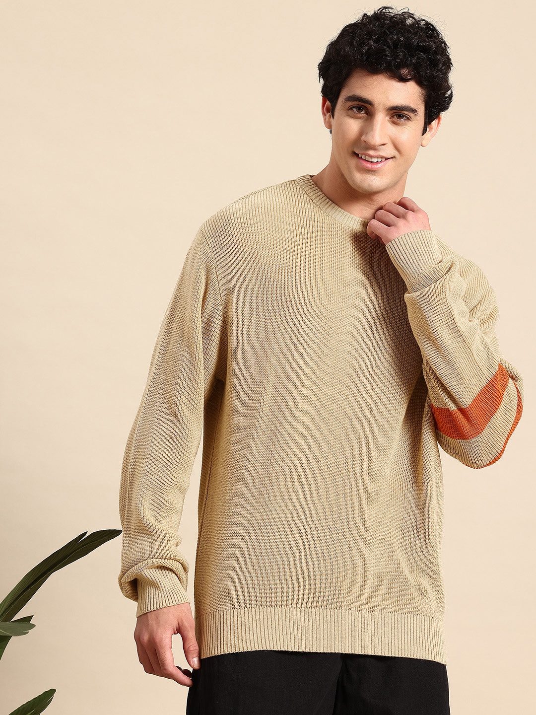 

Mast & Harbour Self-Striped Acrylic Ribbed Longline Pullover, Beige
