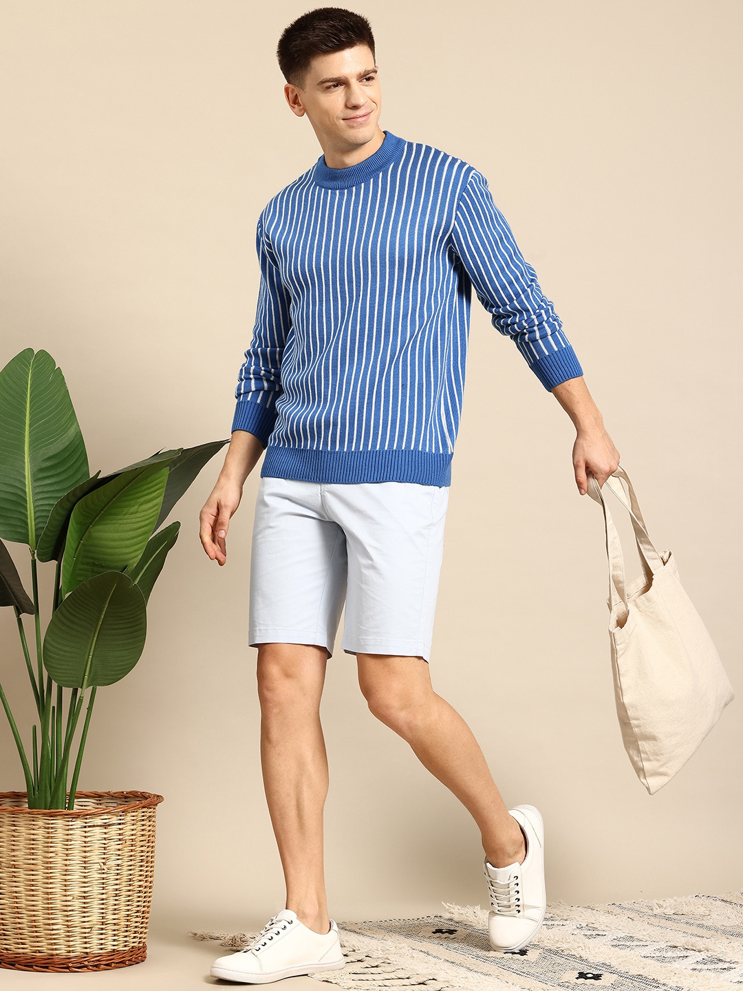 

Mast & Harbour Round Neck Striped Pullover, Blue