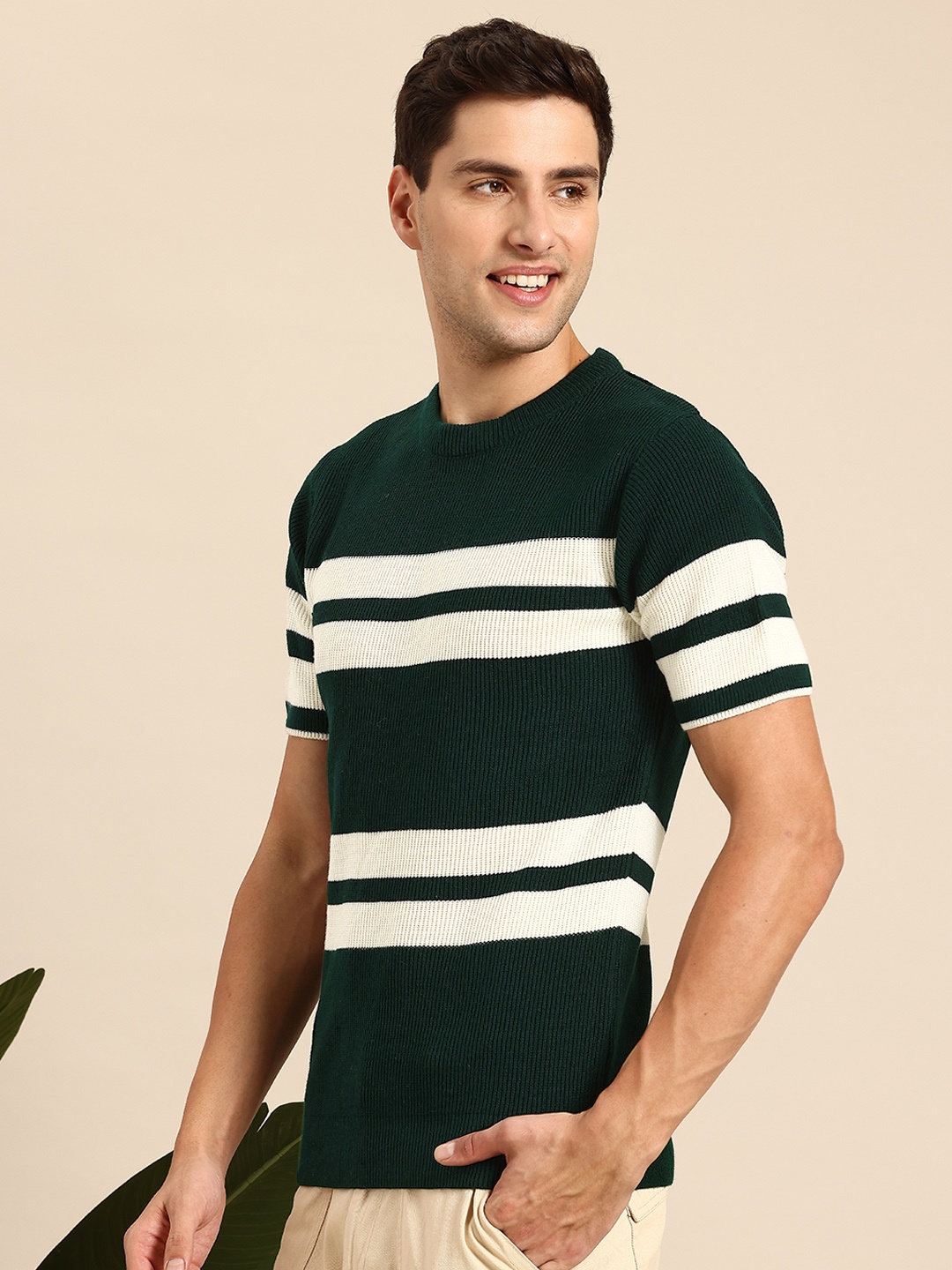 

Mast & Harbour Men Striped Acrylic Pullover, Green