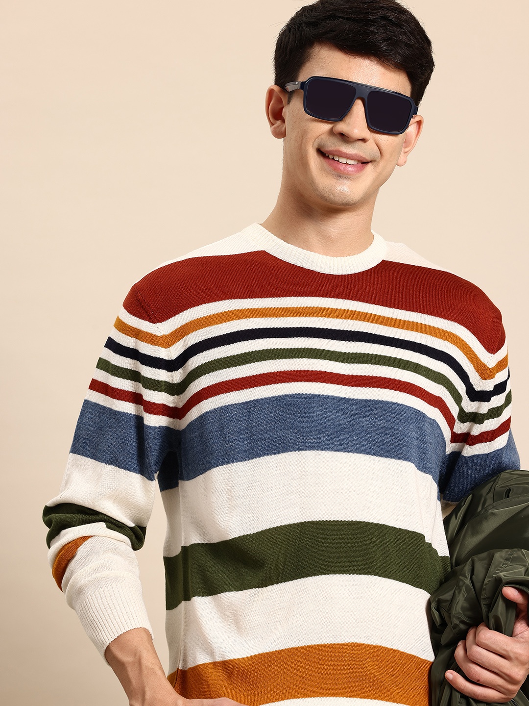 

Mast & Harbour Long Sleeves Acrylic Striped Sweater, White